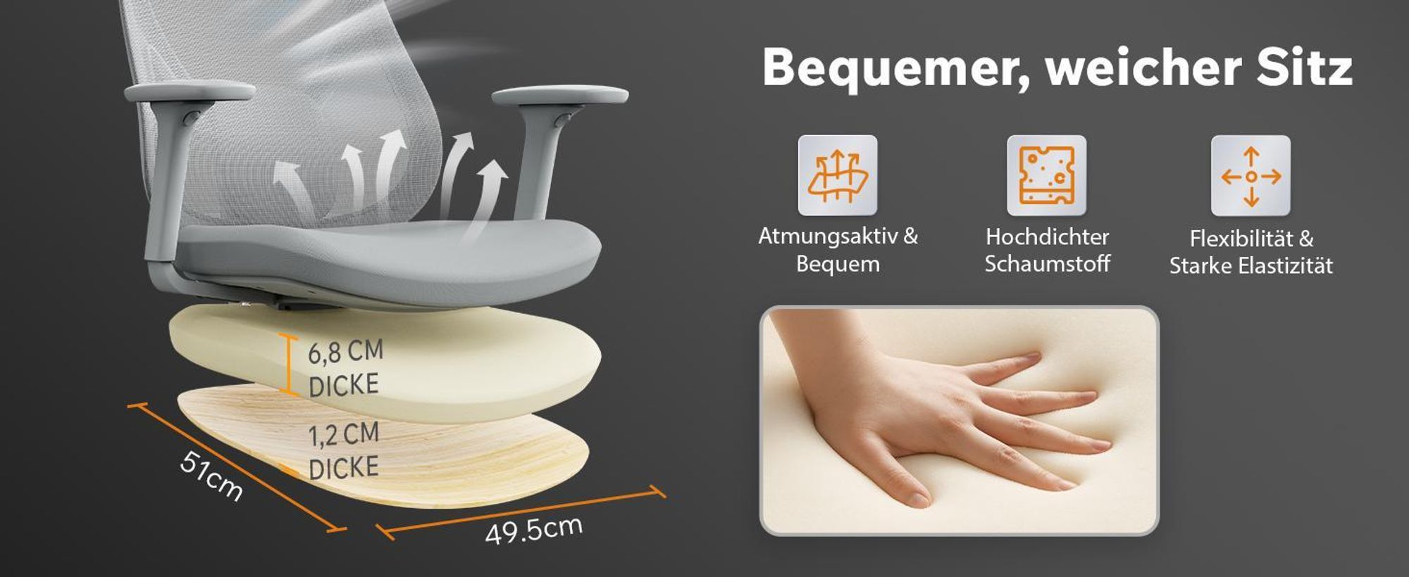 SENSE7 Moyo Ergonomischer Bürostuhl Schreibtischstuhl Grau 3D-Armlehnen Netzrücken Lendenwirbelstütze Chefsessel Homeoffice PC Stuhl 150 kg
