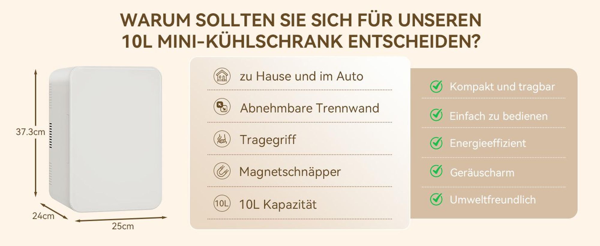 Puluomis Mini Kühlschrank 10L, 2 in 1 Warm- und Kühlbox tragbar Ultra-Leiser Auto Kühlbox (<30dB) 12V/220V /230V AC/DC für Getränkedosen, Snacks Beige