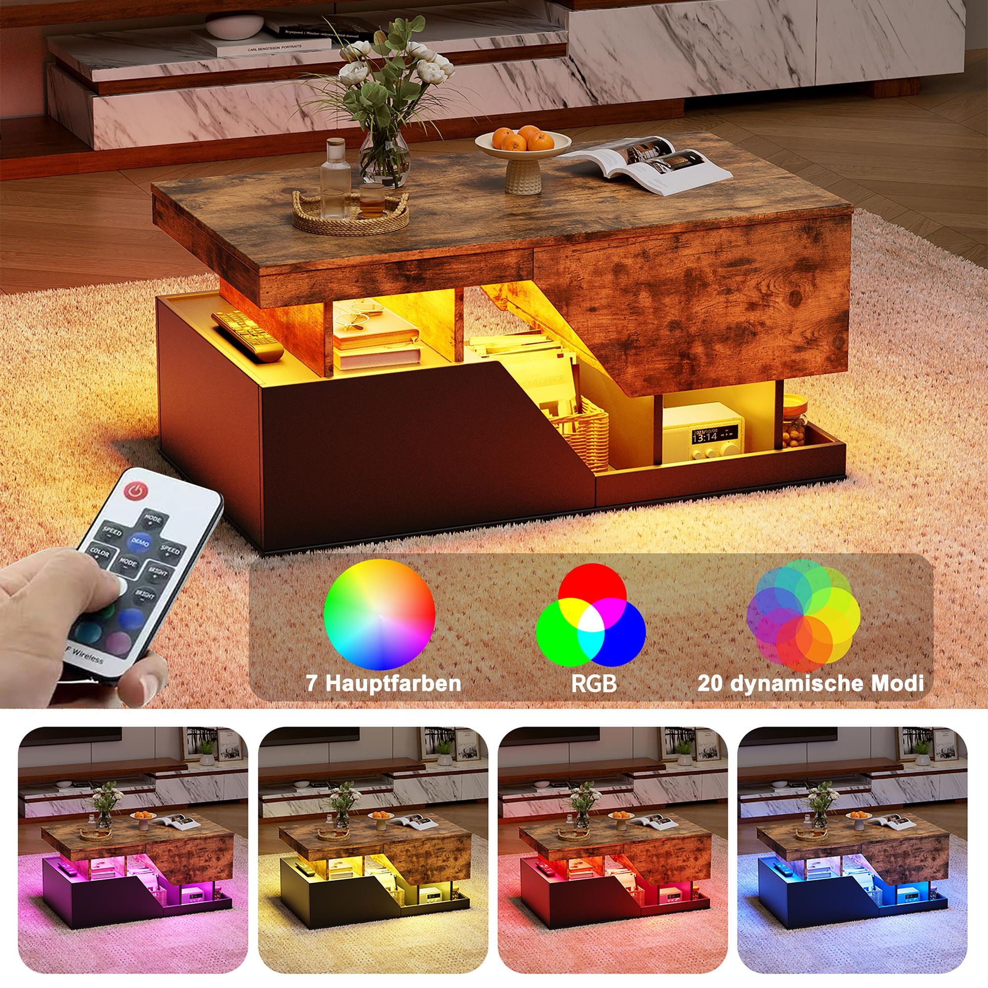 TWSOUL Couchtisch Moderner Couchtisch mit LED-Beleuchtung,Wohnzimmertisch mit RGB-Licht Schubladen & großem Stauraum,90*50*43cm