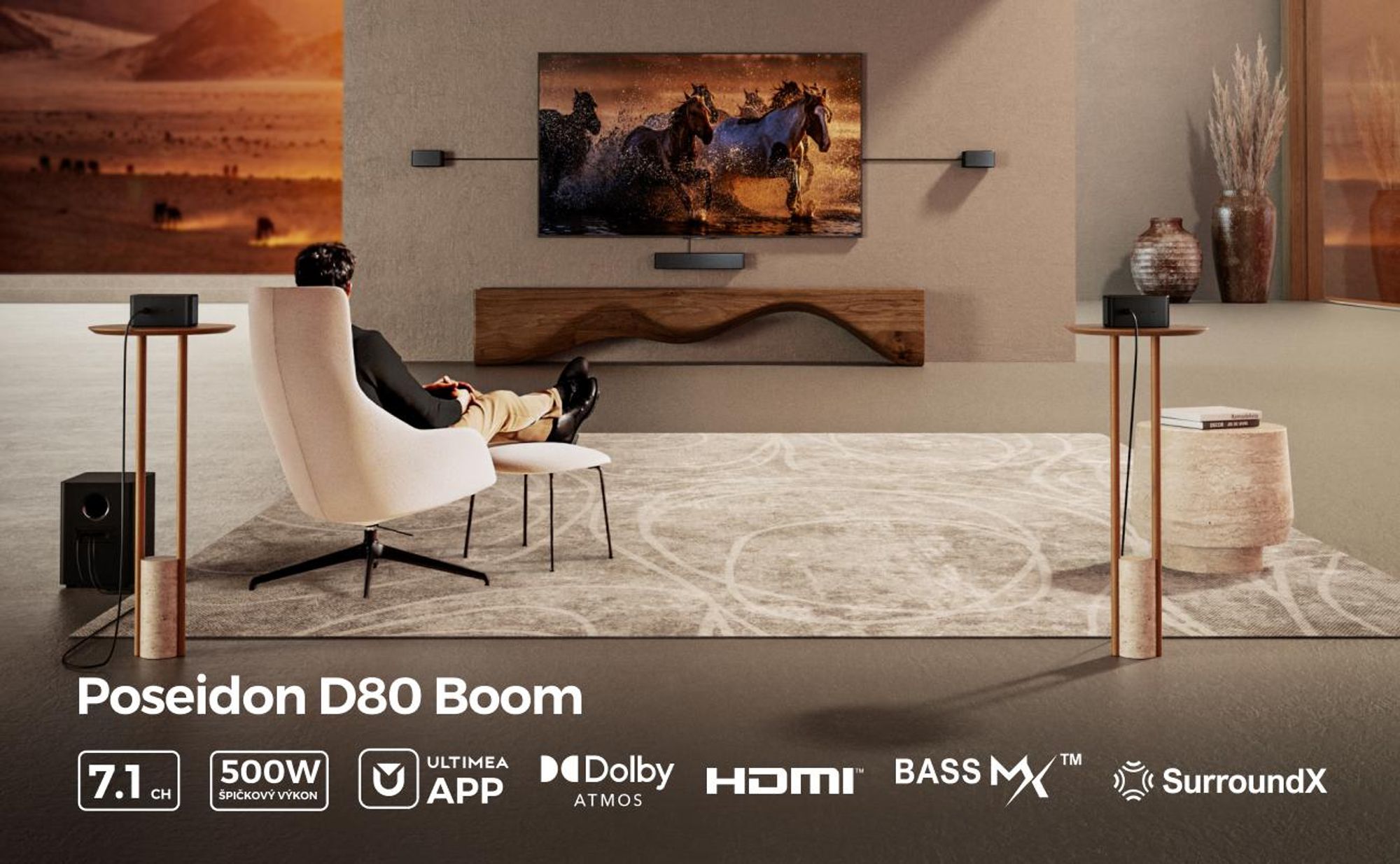 ULTIMEA Poseidon D80 Boom + Speaker Stands Soundbar, 7.1kanálový soundbar s Dolby Atmos, bezdrátovým subwooferem a stojany na reproduktory