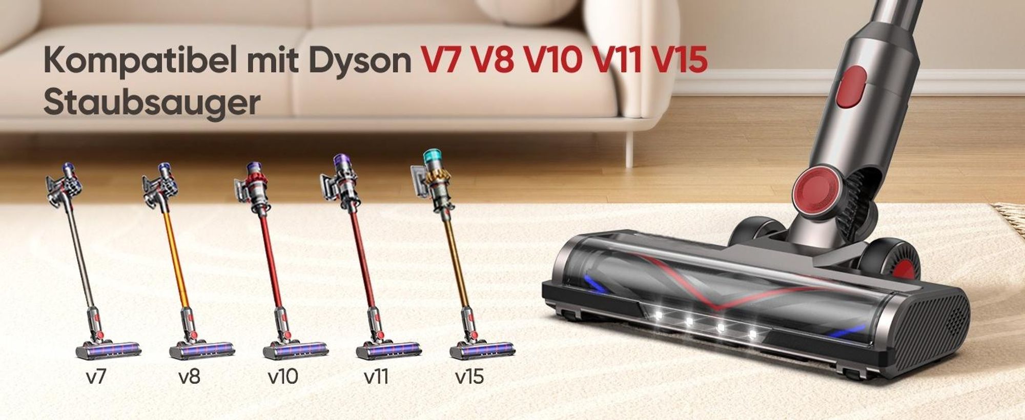 Bürste kompatibel für Dyson V7 V8 V10 V11 V15 Staubsauger, Bürste mit 4-LED Scheinwerfern, Flexibler Rotation und 2 Ersatzrollen, Bodenbürste Zubehör