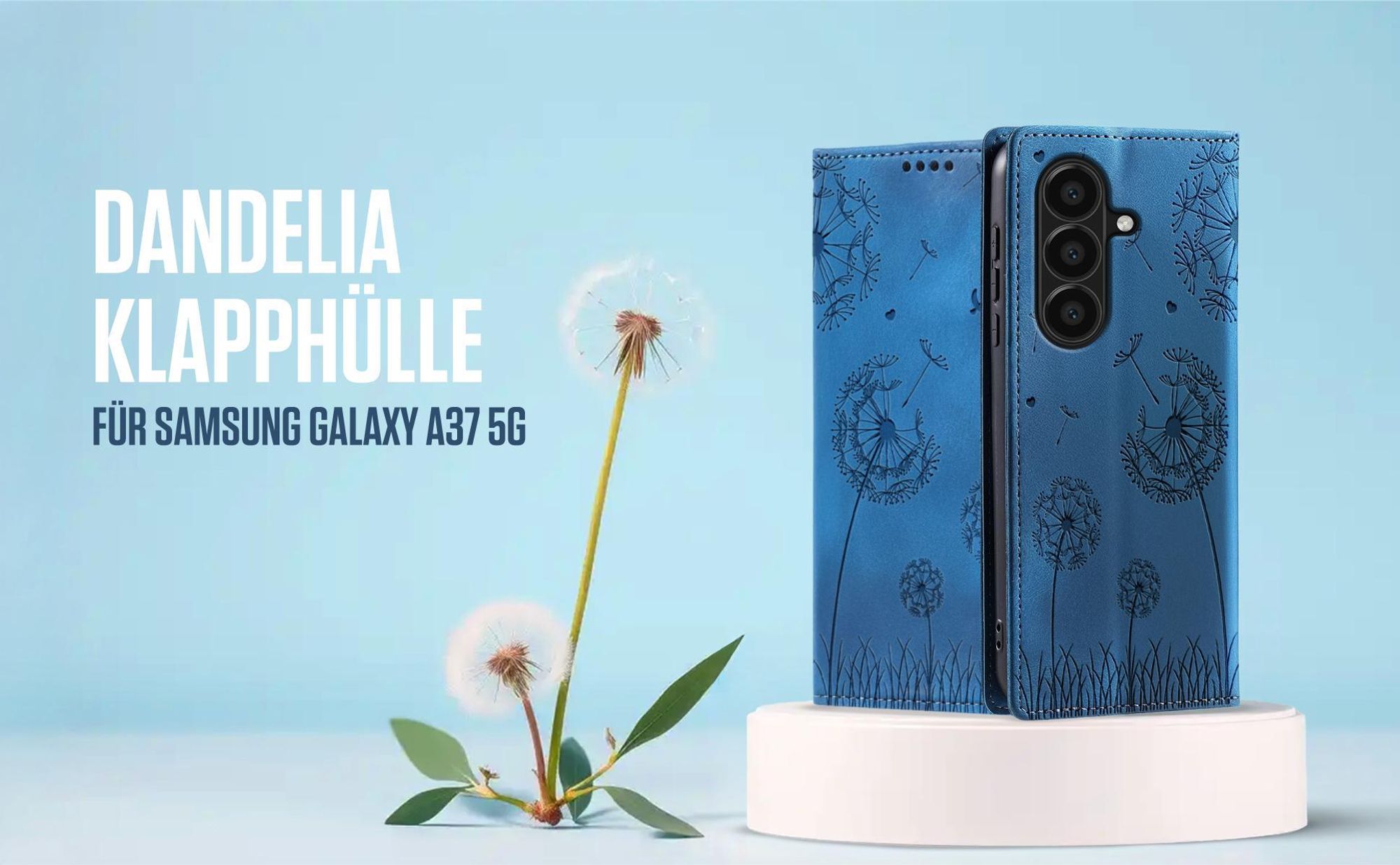 Blaue Klapphülle für Samsung Galaxy A37 5G mit feiner Löwenzahn Prägung