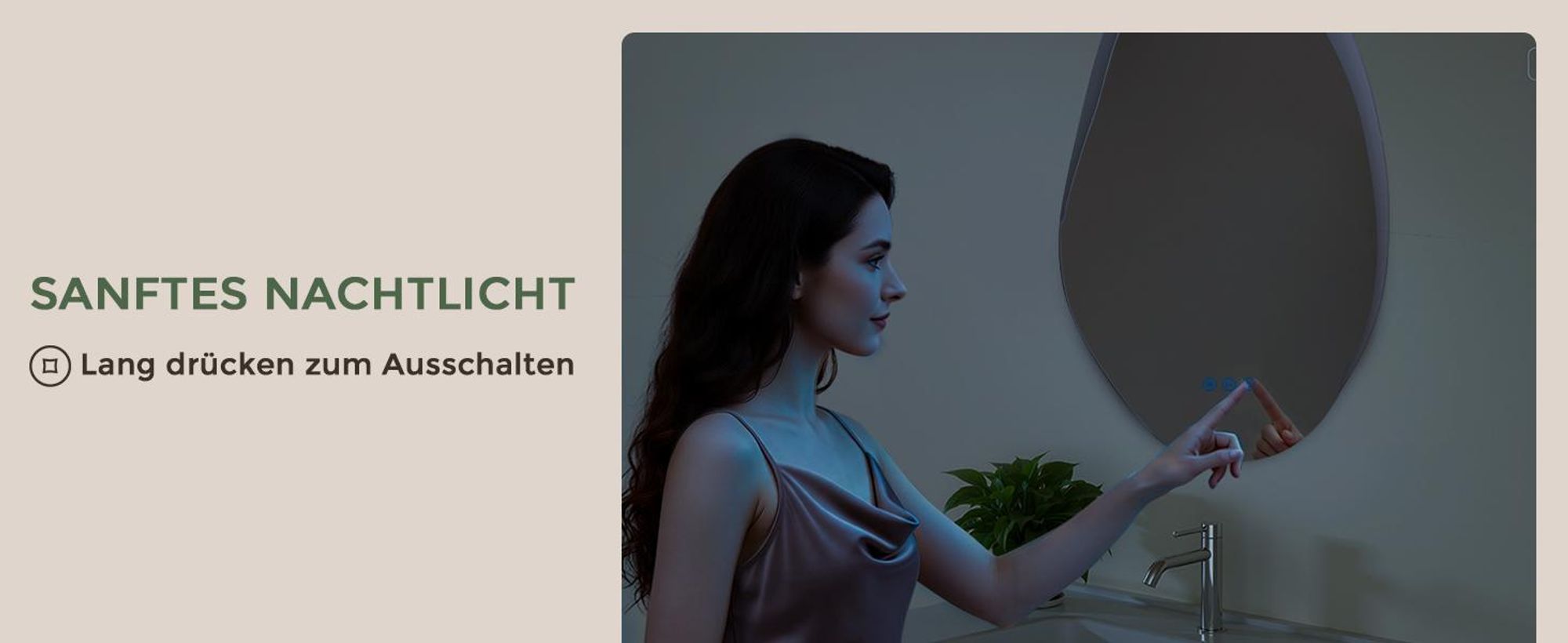 S'AFIELINA Badspiegel mit Beleuchtung 48 × 72 cm, rahmenlos, asymmetrisch,3 Lichtfarben, dimmbar, Antibeschlag und Memory-Funktion