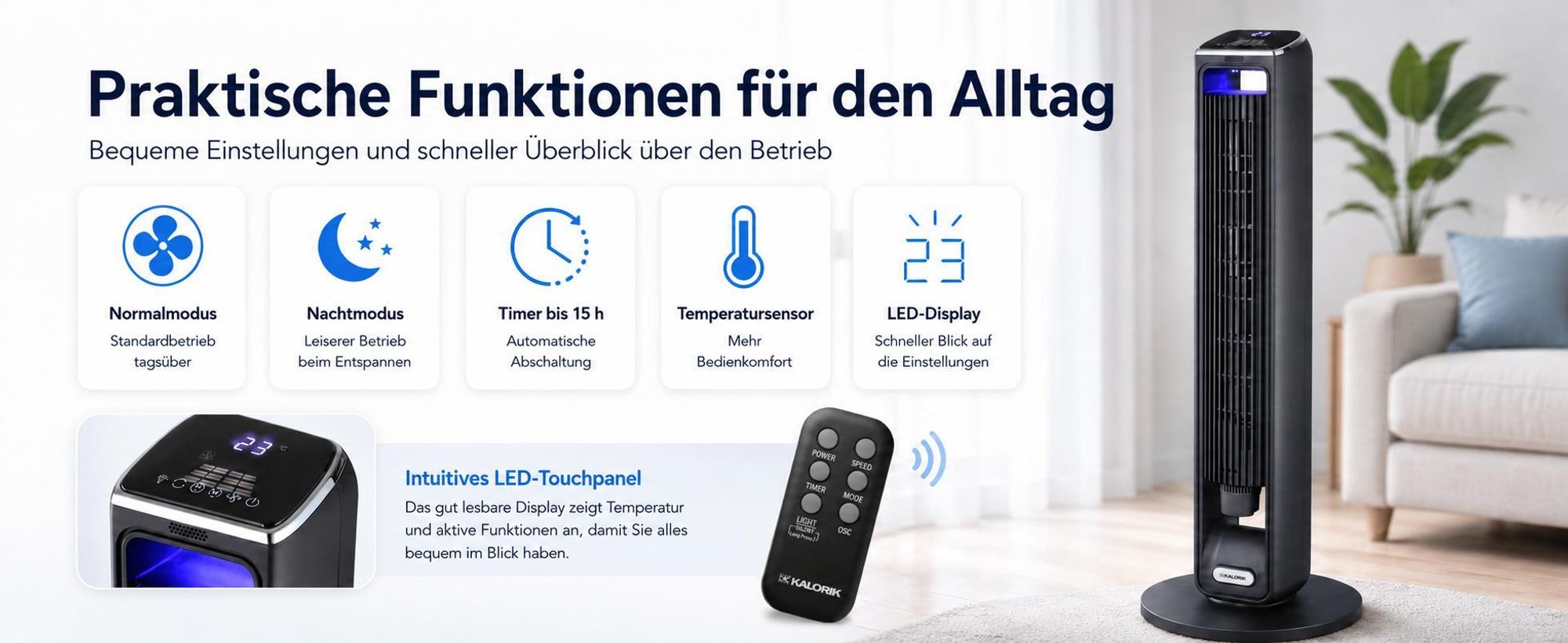 Turmventilator Standventilator Leise Aromatherapie 55W Oszillation Timer Vt2200