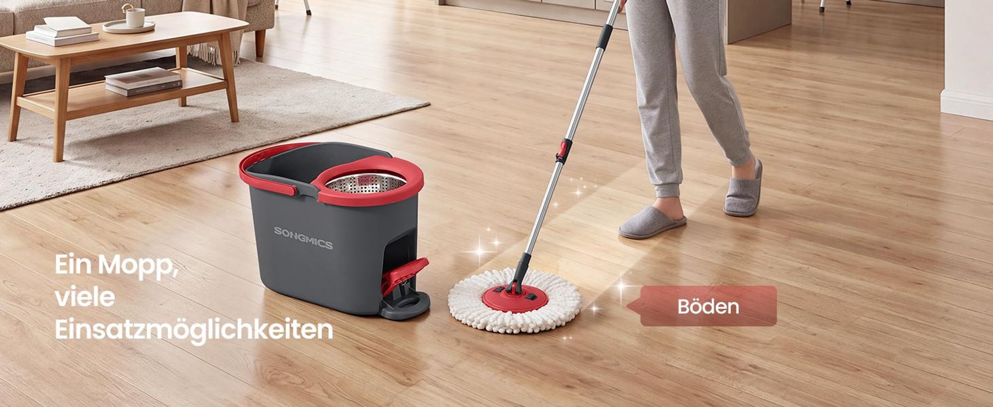 SONGMICS Wischmopp-Set mit Schleudereimer, Bodenwischer mit Auswringfunktion, Teleskopstiel, Haushalt, 2 Bezüge, grau-rot