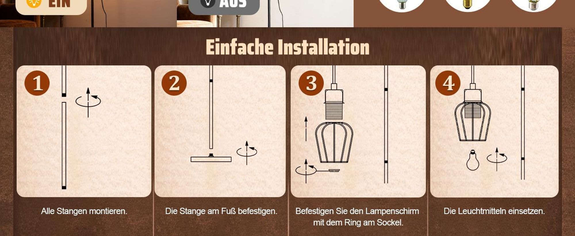 ZMH Stehlampe Wohnzimmer Holz Stehleuchte 3 flammig Wohnzimmerlampe Stehend Standlampe Leselampe Bodenlampe für Schlafzimmer Ohne Leuchtmittel