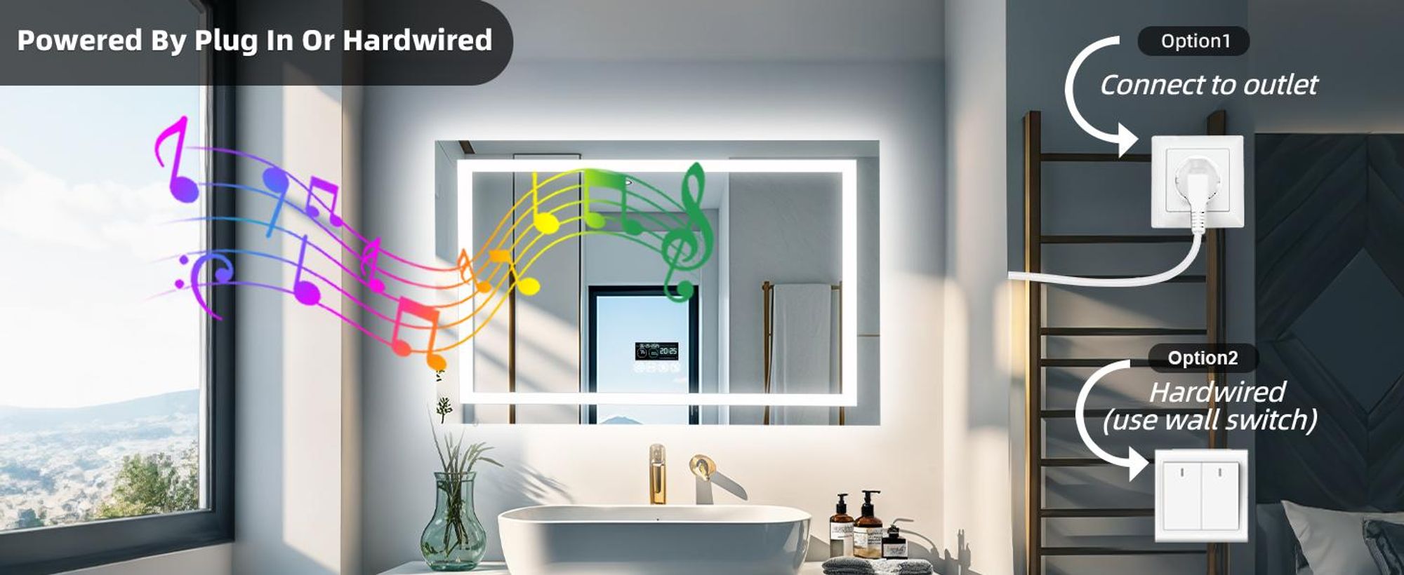 WISFOR LED Badspiegel mit Bluetooth Lautsprecher, 100x70cm Badezimmerspiegel mit Beleuchtung 3 Lichtfarbe, LED Wandspiegel dimmbar beschlagfrei