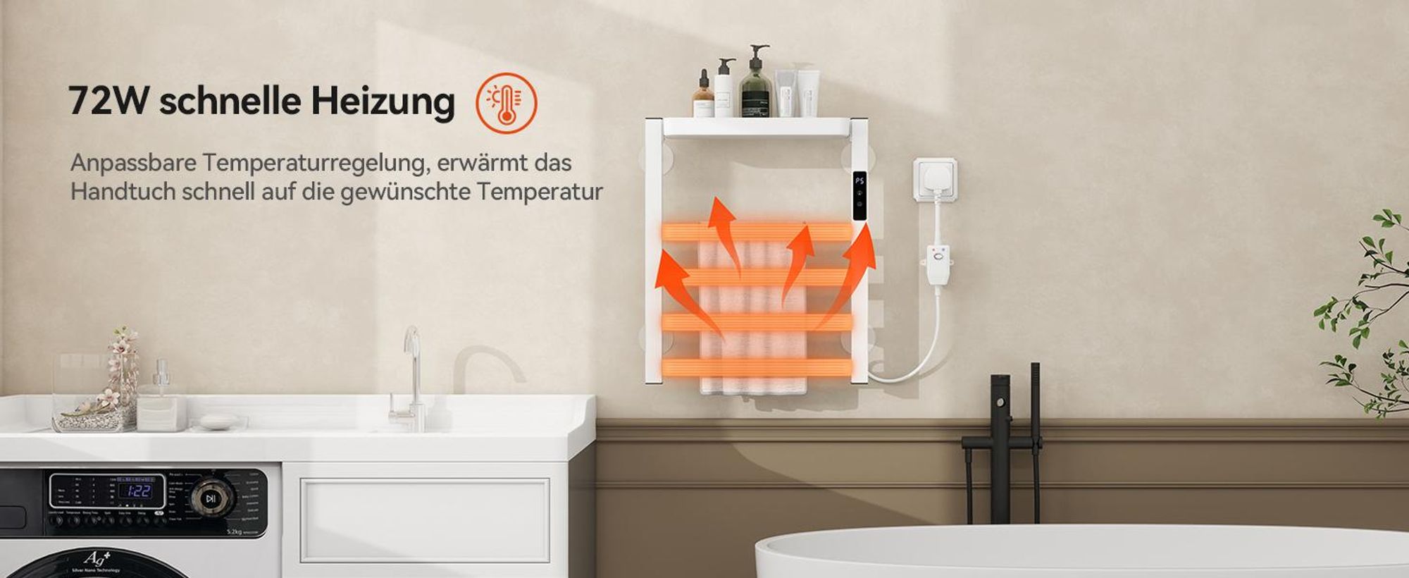 Puluomis Handtuchtrockner Elektrisch Heizkörper mit Timing Thermostat Handtuchwärmer 395 x 470mm Badheizkörper Weiß Handtuchhalter 72W