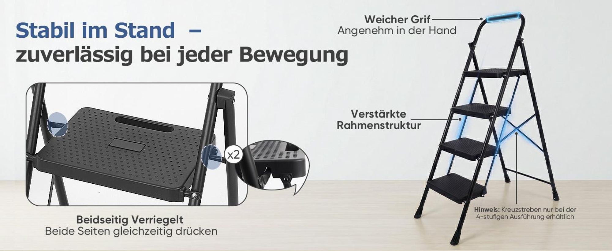 Sekey Trittleiter 2 Stufen Klappbar – Rutschsichere 36 cm XXL Trittstufen, bis 150 kg