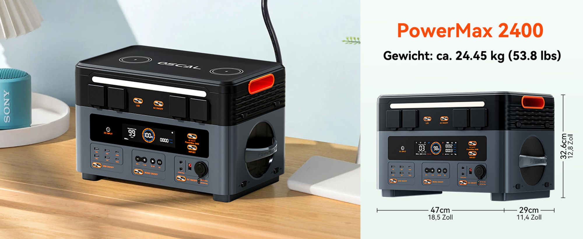 OSCAL PowerMax 2400Pro Oddzielna elektrownia słoneczna 2400W z 2 modułami stereo, mikroinwerterem, 16 złączami + dodatkowy akumulator OSCAL BP 2400Pro, 4032 Wh