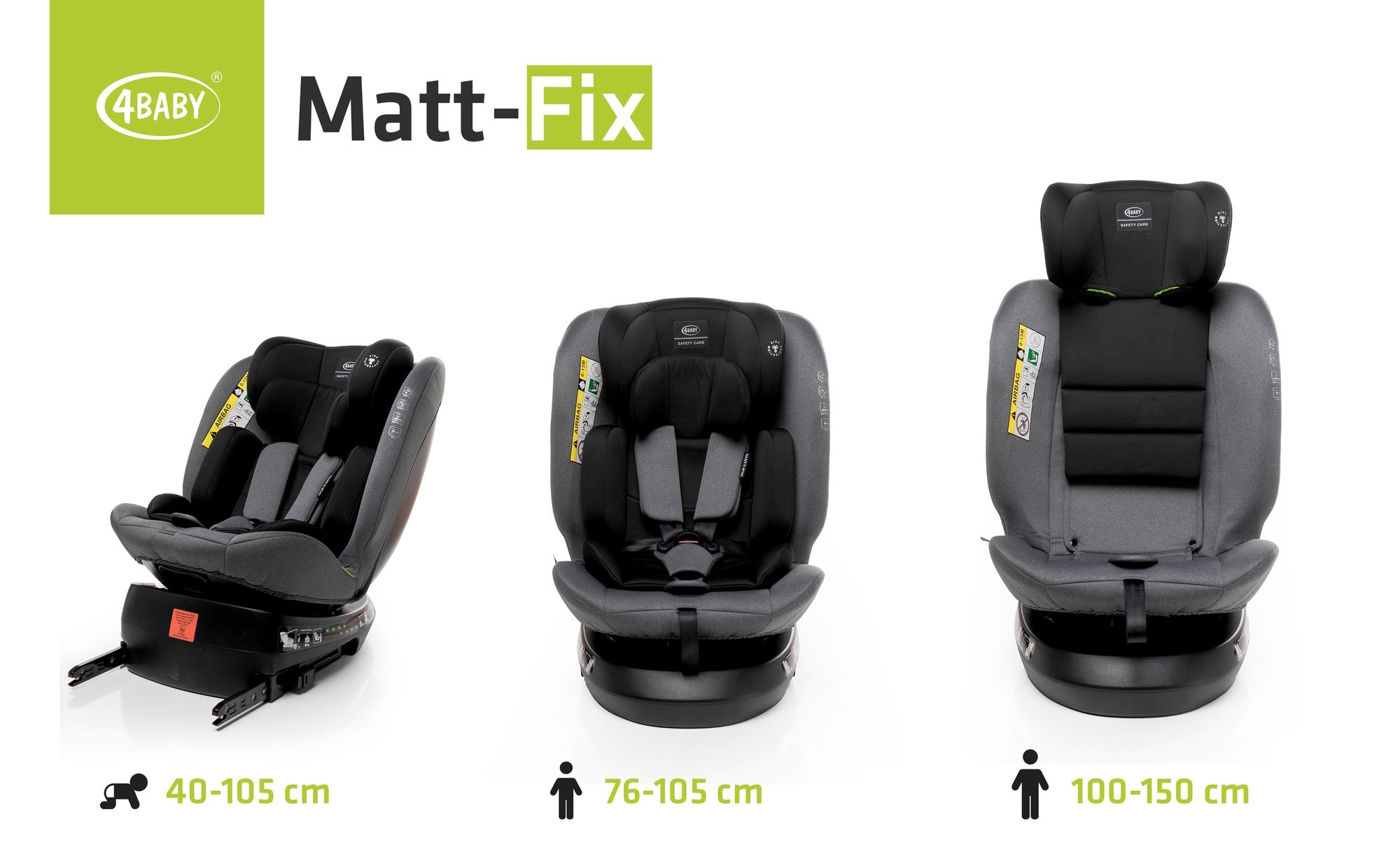 4BABY Kindersitz drehbar 360 ISOFIX Matt-Fix I-SIZE verstellbare Kopfstütze Sitz 0-36kg, 40-150 cm Graphite