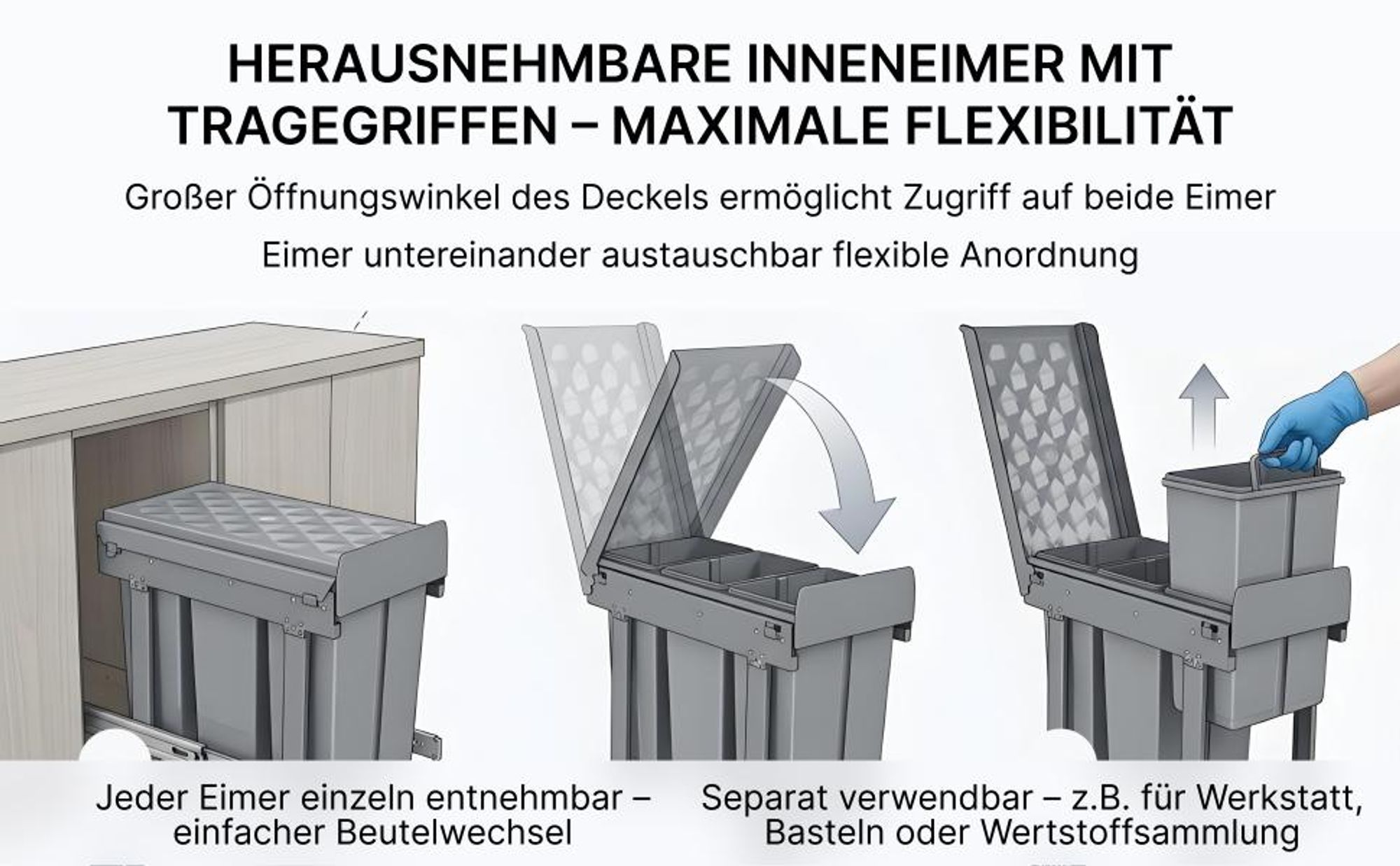 MinteLiv Einbaumülleimer 3x10L Mülltrennsystem Ausziehbar, Stahlrahmen, 48x26x42cm