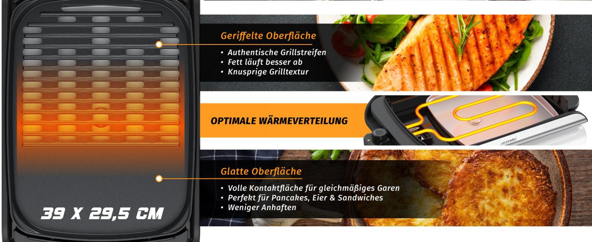 Arendo Tischgrill 2000 W mit Glasdeckel, Grillplatte und Wärmeverteilung