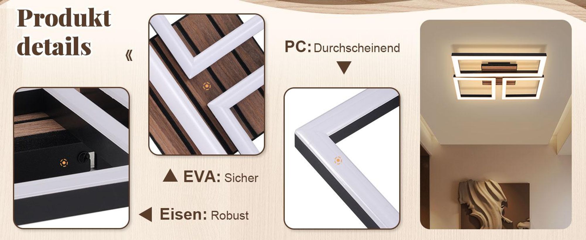 ZMH Plafondlamp LED, retro design, 21W, geschikt voor keuken, als keuklamp, zwart, slaapkamerlamp, halverlichting, 3000K warmwit, rechthoekig, hout, woonkamerlamp