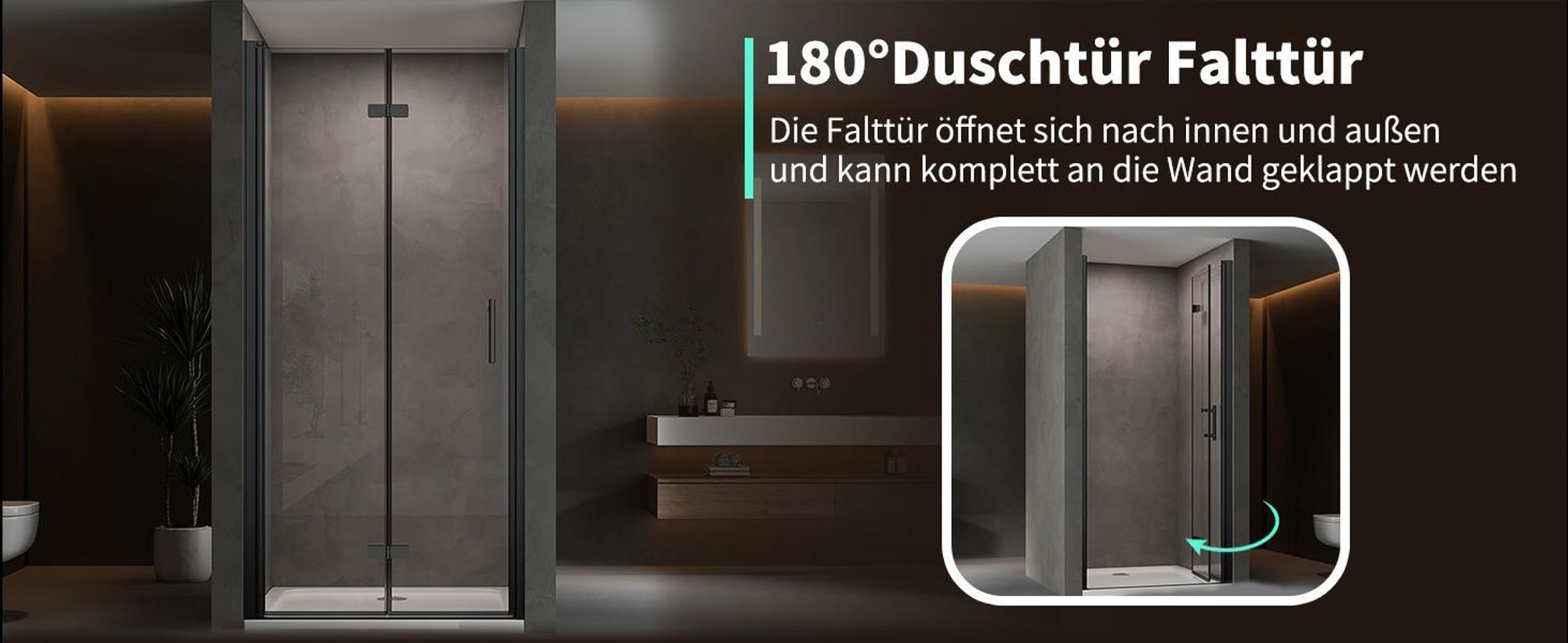 Schwarz Nischentür Dusche Falttür Duschtür 90x195cm Duschabtrennung Faltbar Duschkabine 6mm ESG NANO Glas Nischdusche Duschwand
