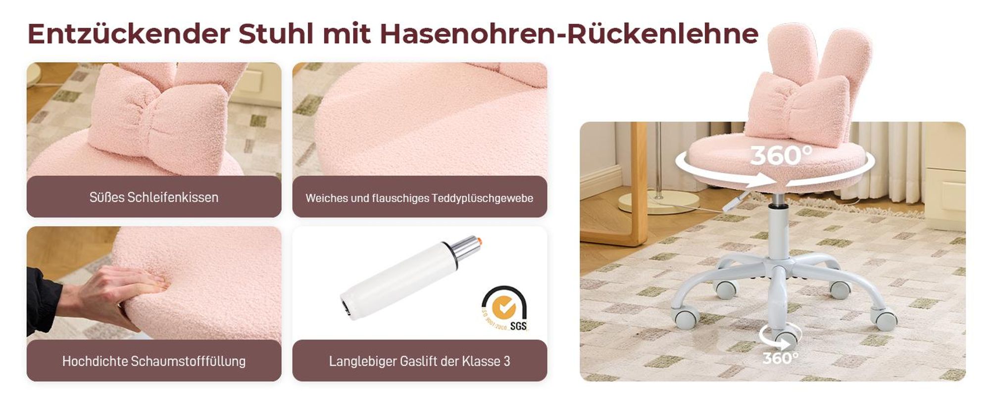 FCH Kaninchenohren-Design Drehstuhl, Homeoffice Stuhl, Kinder Schreibtischstuhl kinderschreibtischstuhl Jungendstuhl Hasenohr, 360°,  Rosa