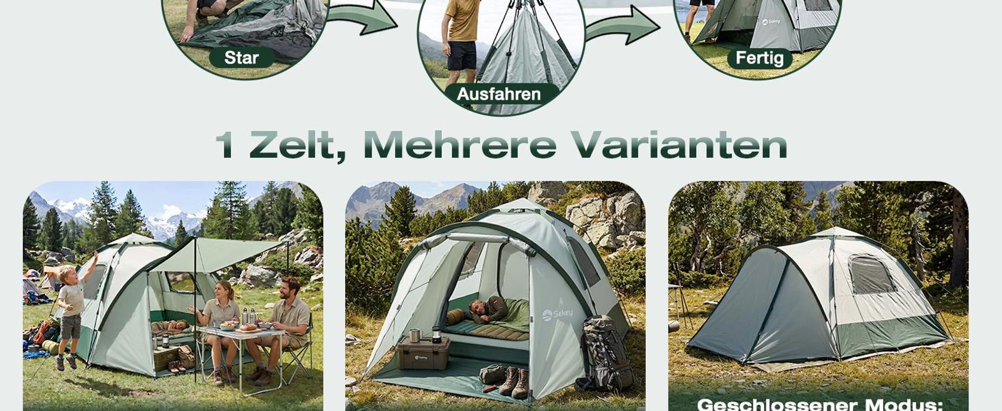 Sekey Kuppelzelt 4 Personen mit Vorzelt & Markise, Pop Up Campingzelt, Wasserdicht PU3000 mm, UPF 50+, Familienzelt