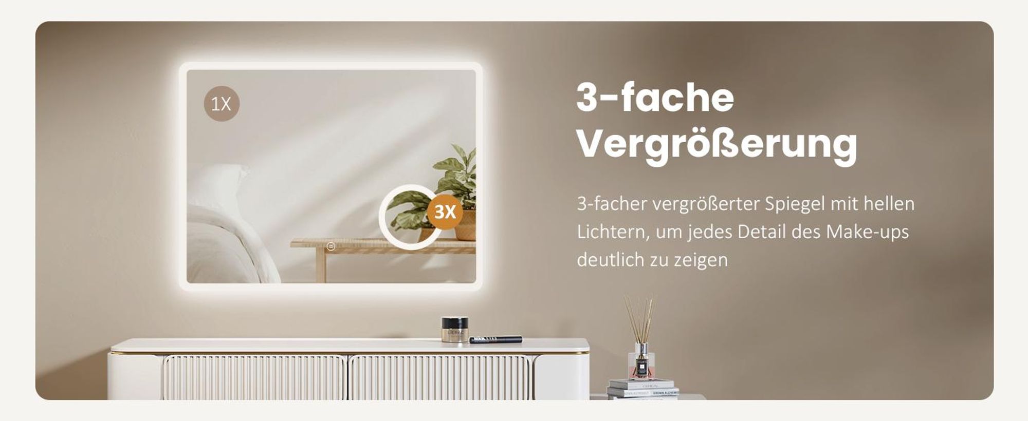 EMKE Badspiegel mit 3X Vergrößerung Touchschalter 3 Lichtfarben Dimmbar Antibeschlag 80X60cm