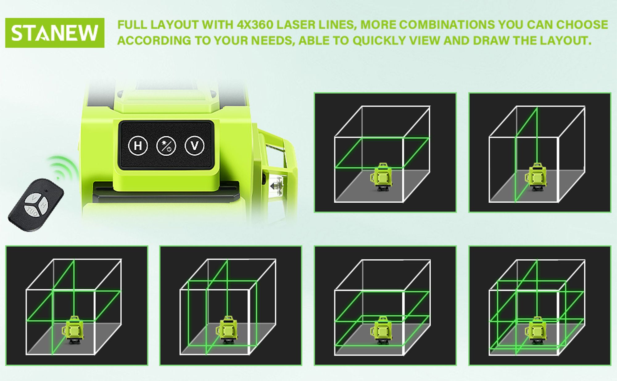 STANEW Kreuzlinienlaser Grün 16 Linien, 4 x 360 °Laser Wasserwaage Selbstnivellierend,Linienlaser kreuzlaser Baulaser für Innenbereich Baustelle, 2 x2400mAh Wiederaufladbare Batterie