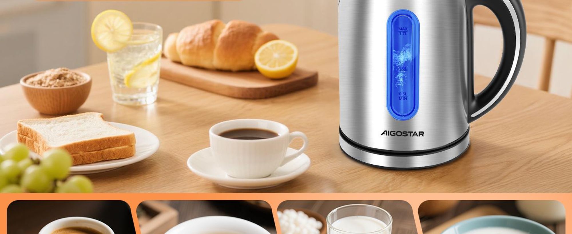Aigostar - Wasserkocher Edelstahl 1,7L, 2200W, mit Kalkfilter, LED Beleuchtung, Mit Wasserstandsanzeige, Schnelles Kochen, Abschaltautomatik, BPA frei