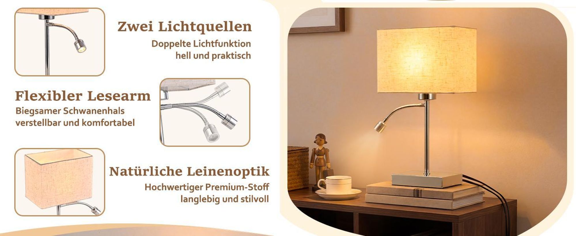 ZMH Tischlampe mit kabel Nachttischlampe 360°Schwenkbar Leselampe Stoffschirm E27 Tischleuchte mit separatem Schalter Nachttischleuchte für Wohnzimmer