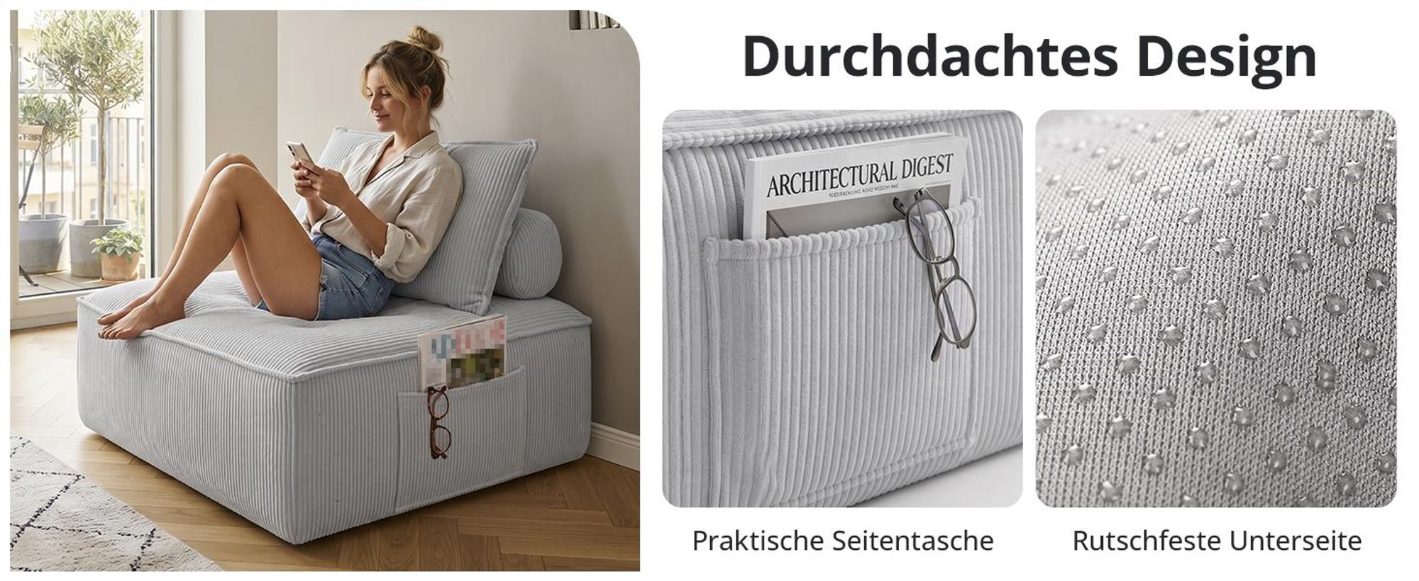 Modularer Loungesessel für Wohnz, Bodensessel aus Cord 84 × 84 cm, 2-in-1 als Sessel oder Hocker, mit Rückenkissen und Seitentasche, ohne Montage