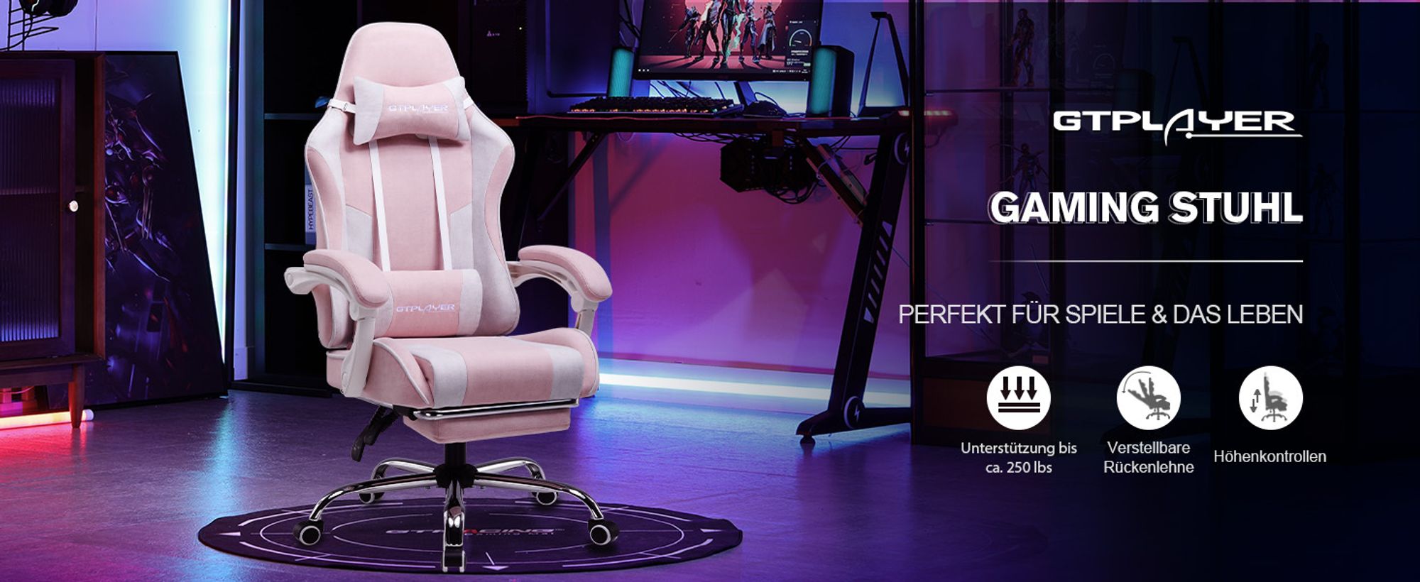 GTPLAYER Bürostuhl Gaming Stuhl Stoff Gaming Sessel Ergonomischer Gamer Stuhl mit Fußstütze, Kopfstütze Lendenkissen, Gepolstert Gaming Chair, rosa