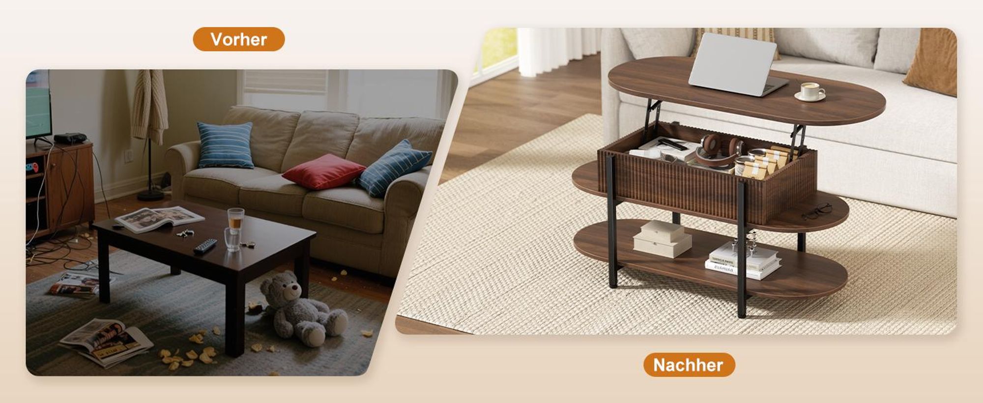 FABATO höhenverstellbare Konstruktion, dreistöckiges Design, versteckter Stauraum und edle Nussbaum-Optik,Moderner ovaler Couchtisch von