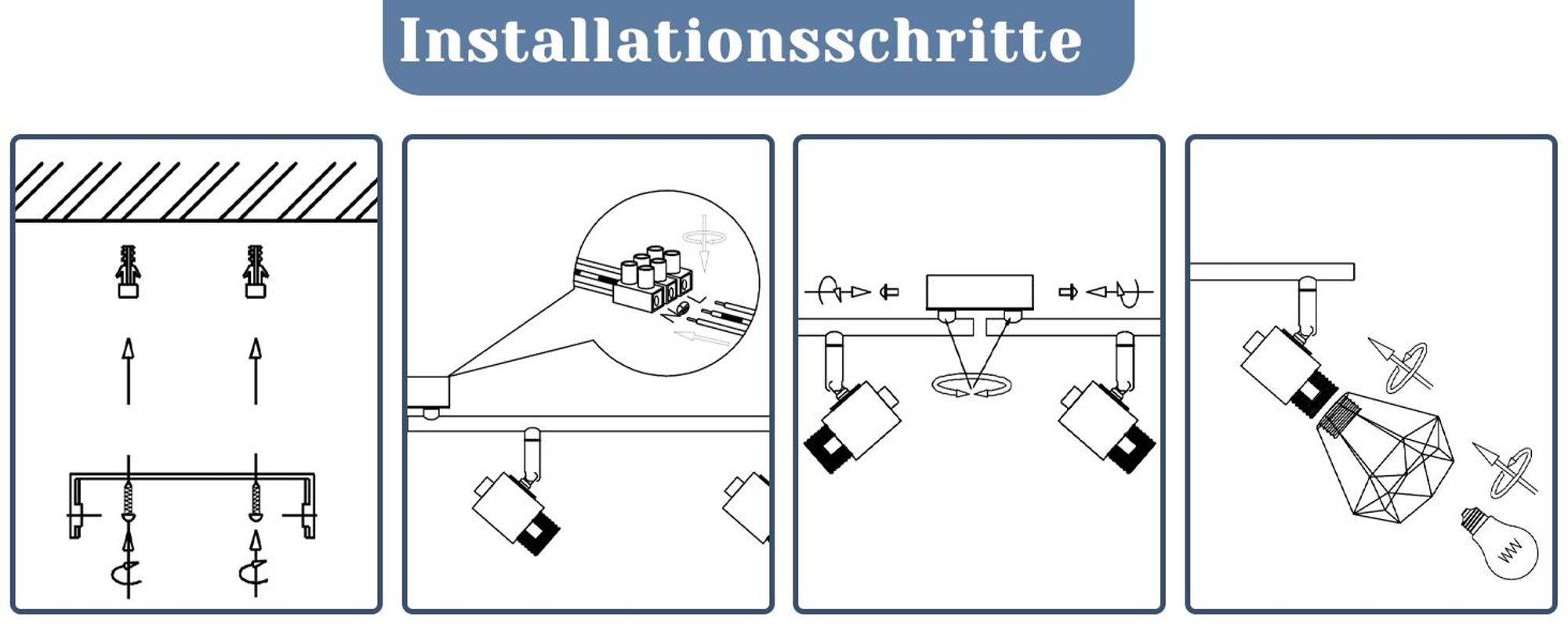 ZMH Deckenstrahler Schwarz 4 Flammig E14 Vintage Verstellbare 350° Metall Lampeschirm Eckig Wandspot Wandstrahler für Wohnzimmer Flur Schlafzimmer