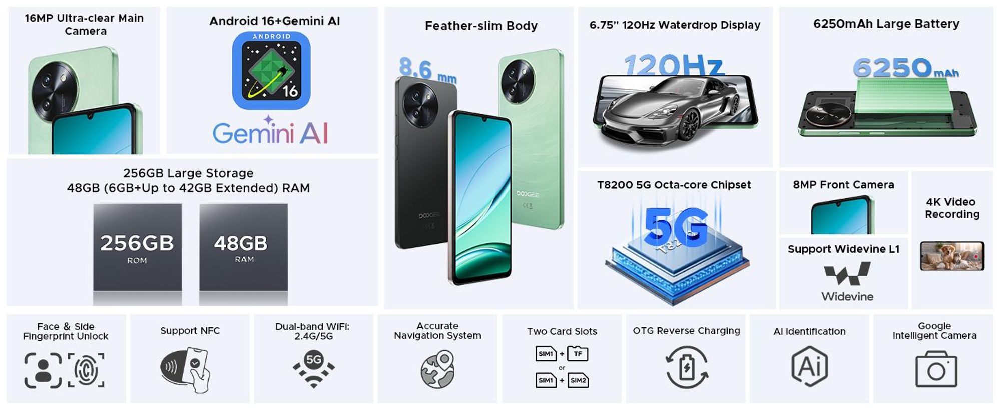 DOOGEE Note59 Pro, smartphone, Android 16, 6,75" displej s obnovovací frekvencí 120 Hz, baterie 6250 mAh, 48 GB RAM + 256 GB úložiště, 5G, 16 MP fotoaparát, NFC, čtečka otisků prstů, bez smlouvy