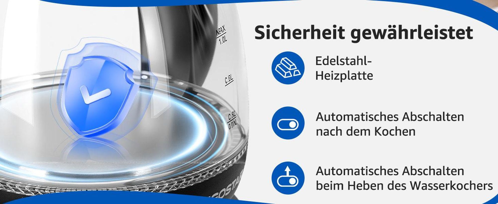 Aigostar - Kleiner wasserkocher glas mit led-beleuchtung, 1 Liter, 2200W