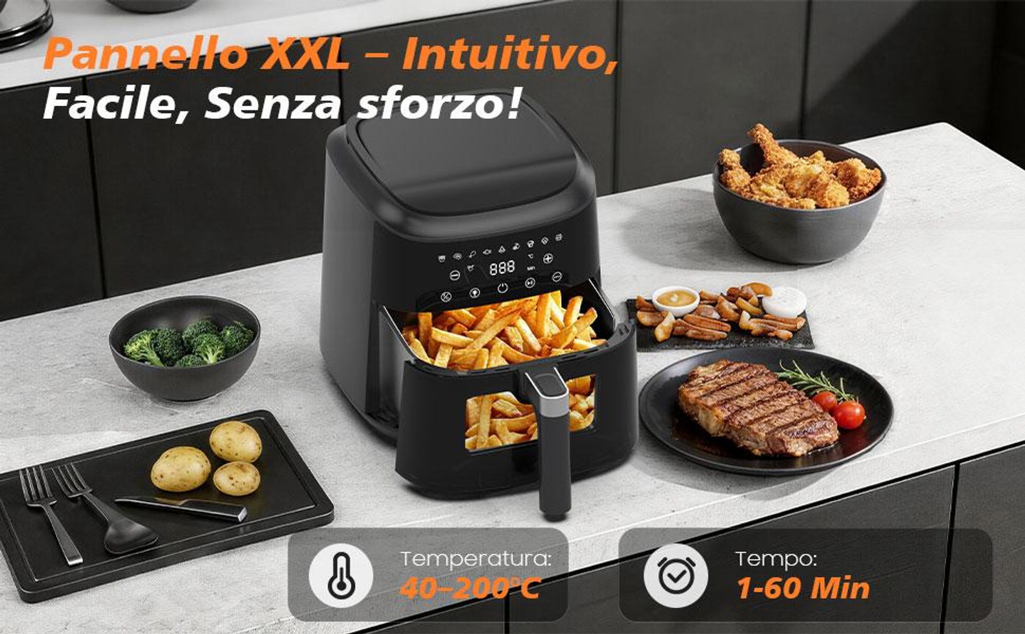 Friggitrice ad aria 6L con finestra di osservazione, friggitrice ad aria senza olio, 9 programmi con display touch