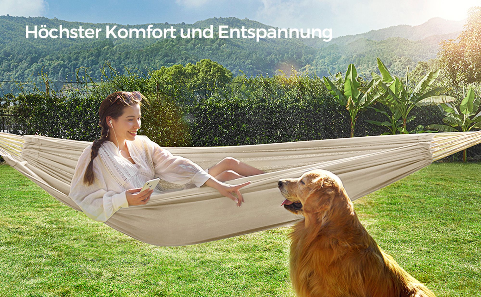 SONGMICS Hängematte, 210 x 150 cm, Doppelhängematte, Belastbarkeit 300 kg, für Garten, Terrasse, Balkon, Outdoor, Camping, mit Tragetasche, Befestigungsgurten und Karabinern, beige