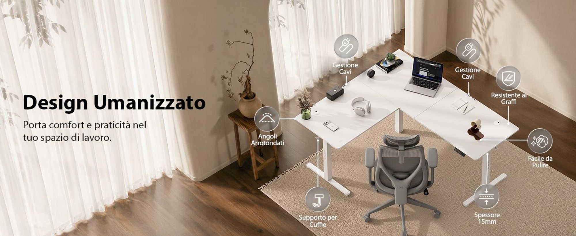 SENSE7 NOJO Scrivania angolare regolabile in altezza, modello Light Corner, con sistema elettrico, dimensioni 160x140, forma a L, scrivania regolabile in altezza, doppio motore, struttura con memoria, colore bianco, scrivania per computer