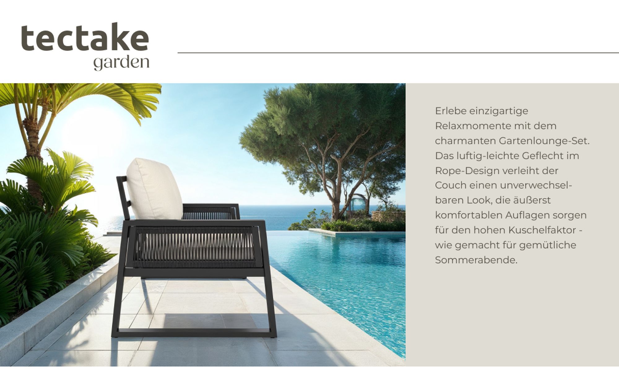 tectake Aluminium Gartenlounge-Set Captive Rope-Design 2-teilig Sofa Tisch wasserabweisend 126x76x85cm Anthrazit wetterfest Outdoor