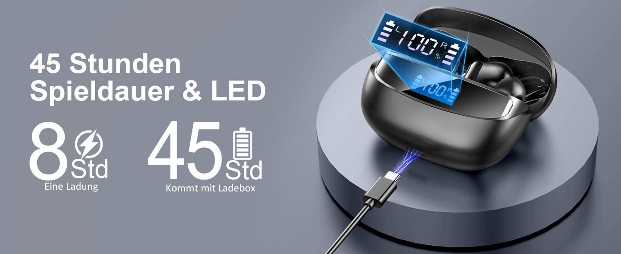 Bluetooth Kopfhörer, In Ear Kopfhörer, HiFi Stereo, Bluetooth 5.4, mit ENC Noise Cancelling Mic, 50 Std Spielzeit, mit 2D Bass LED-Anzeige
