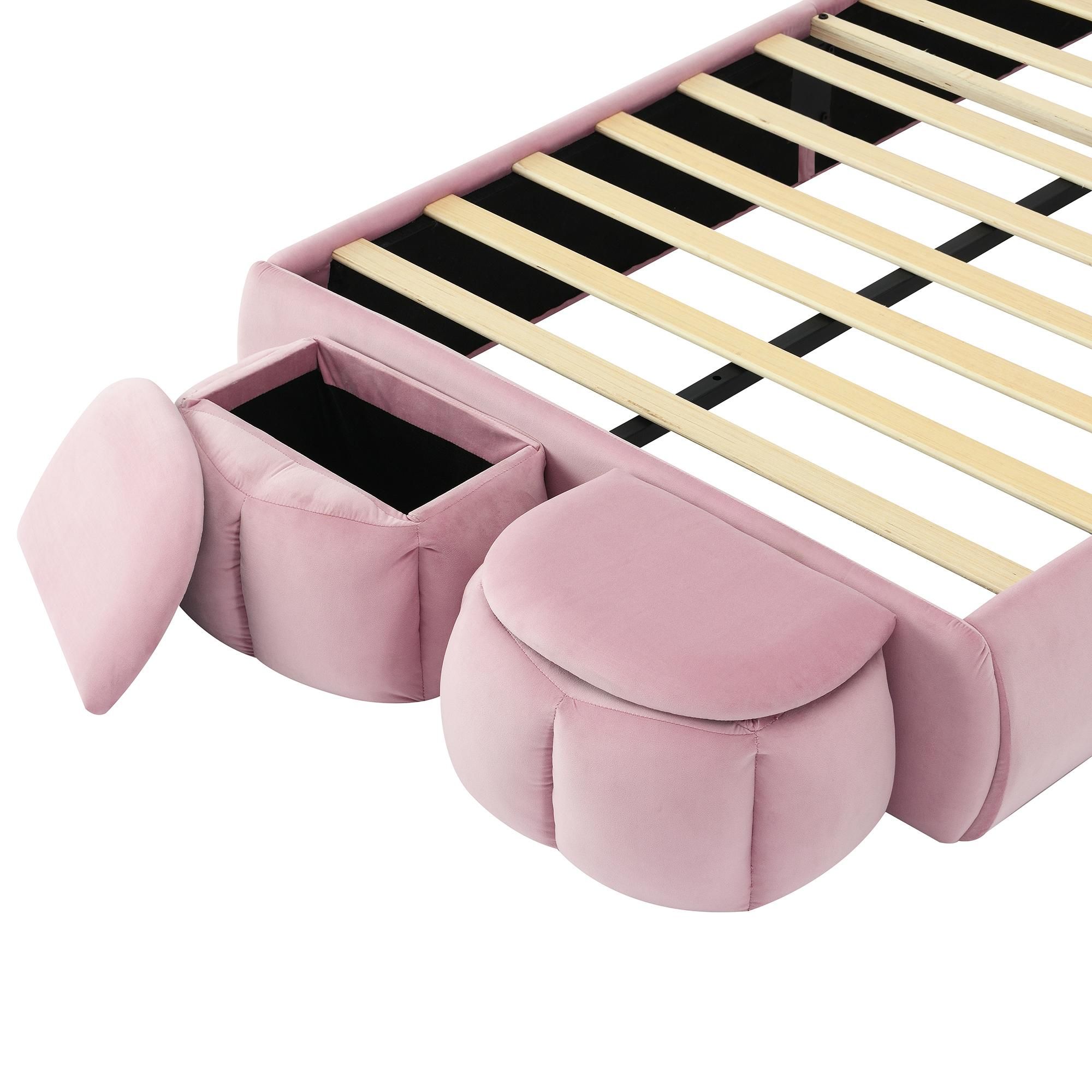 Merax Polsterbett 90x200 cm mit LED-Hasenohren und Holzlatten, Doppelbett mit Stauraum und 2 Aufbewahrungshockern, Samt Pink