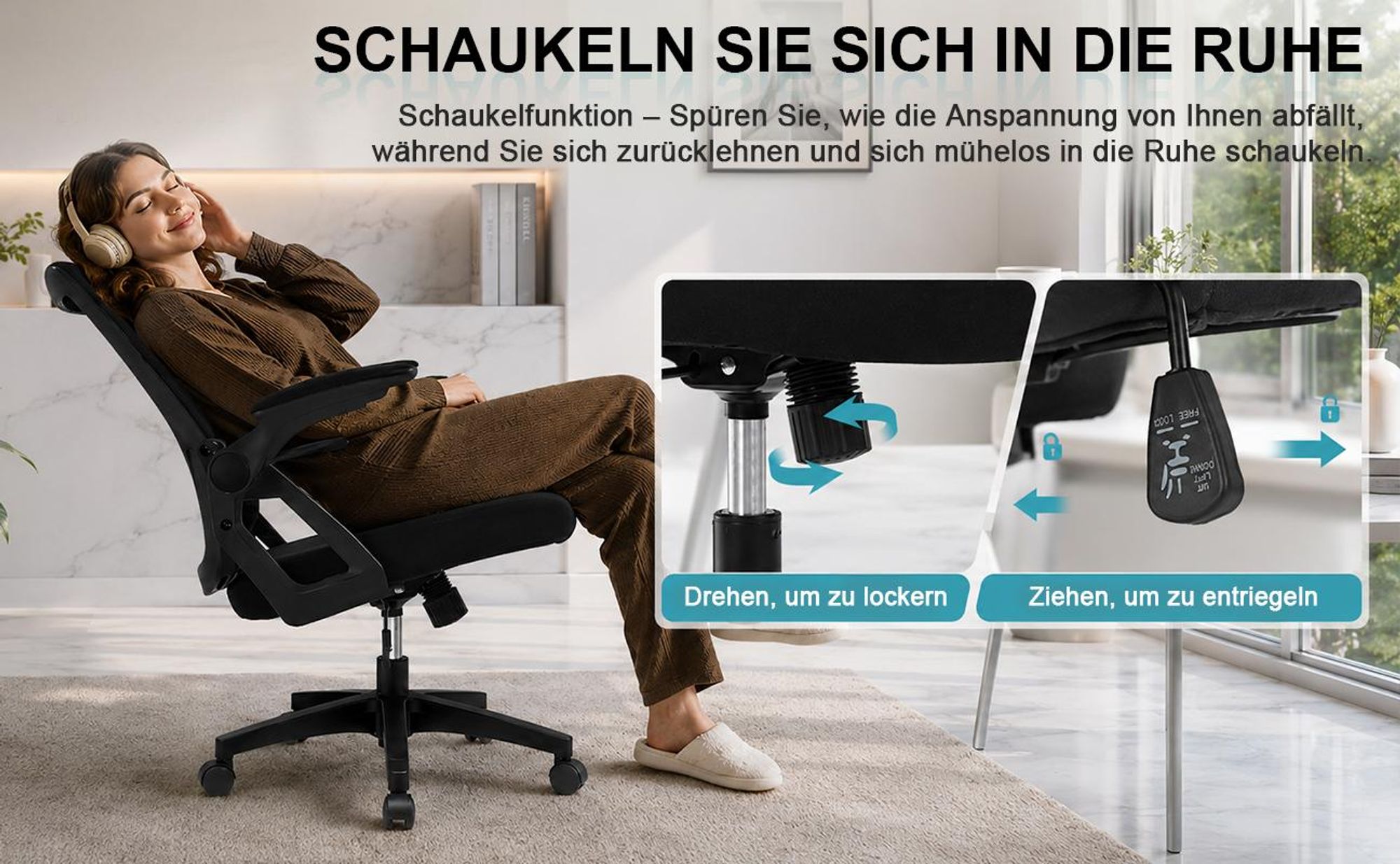 Bürostuhl ergonomisch mit Mesh-Rückenlehne, 90° klappbare Armlehnen, höhenverstellbar, Computerstuhl für Home Office und Büro, bis 150 kg