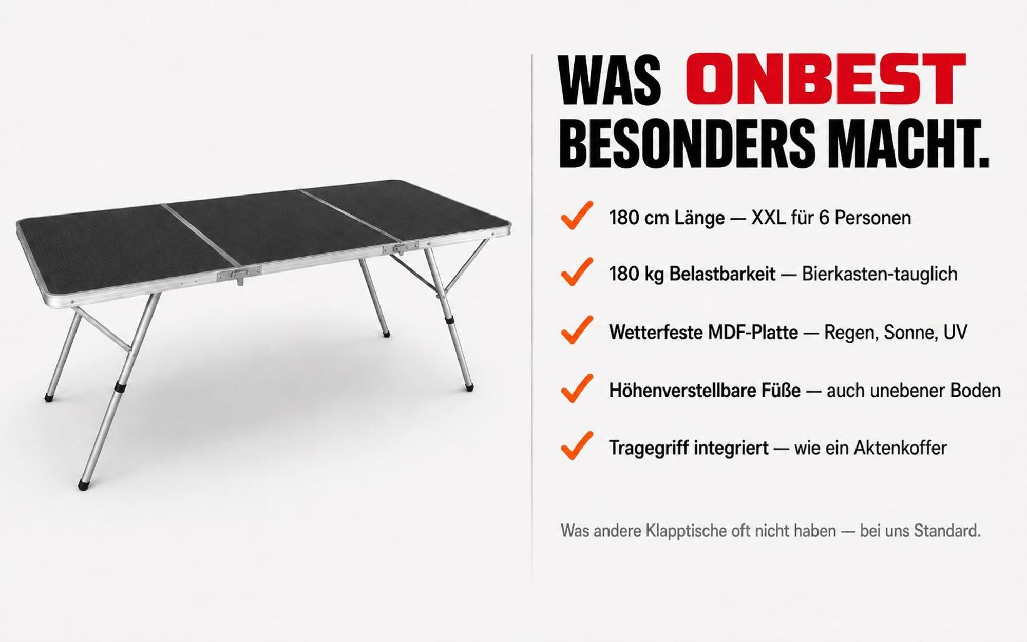 ONBEST Klapptisch | mit Tragegriff | Wetterfest | MDF-Platte | Aluminiumgestell | 180x70x70cm (BxHxT)