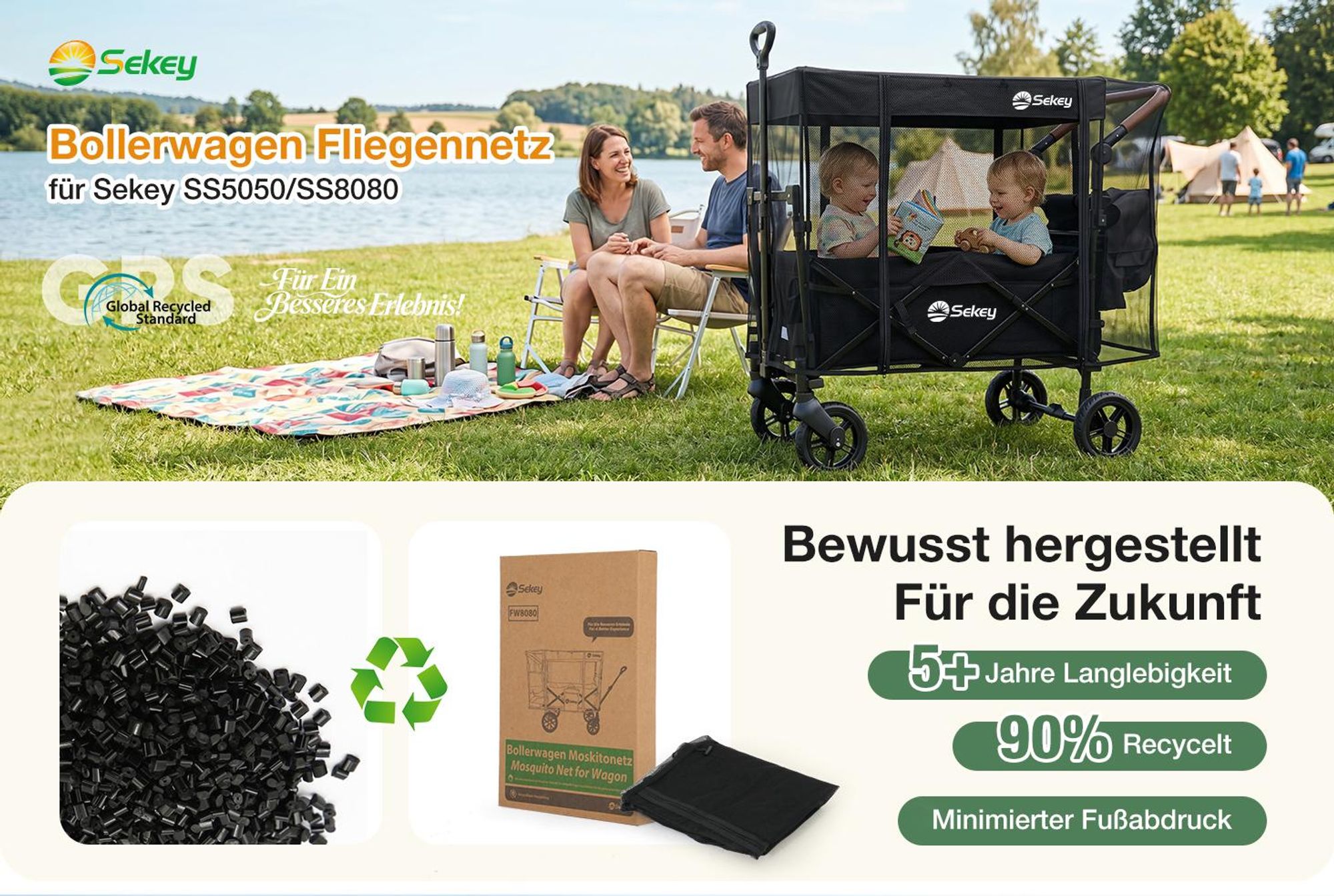 Sekey Insektenschutz Fliegengitter Moskitoschutz für Bollerwagen mit Dach, 110 x 60 x 75 cm