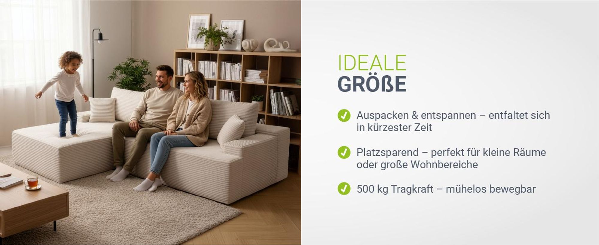 Juskys Sofa Coredo - Beige, moderne Couch aus Cord mit Kissen, Ottomane links