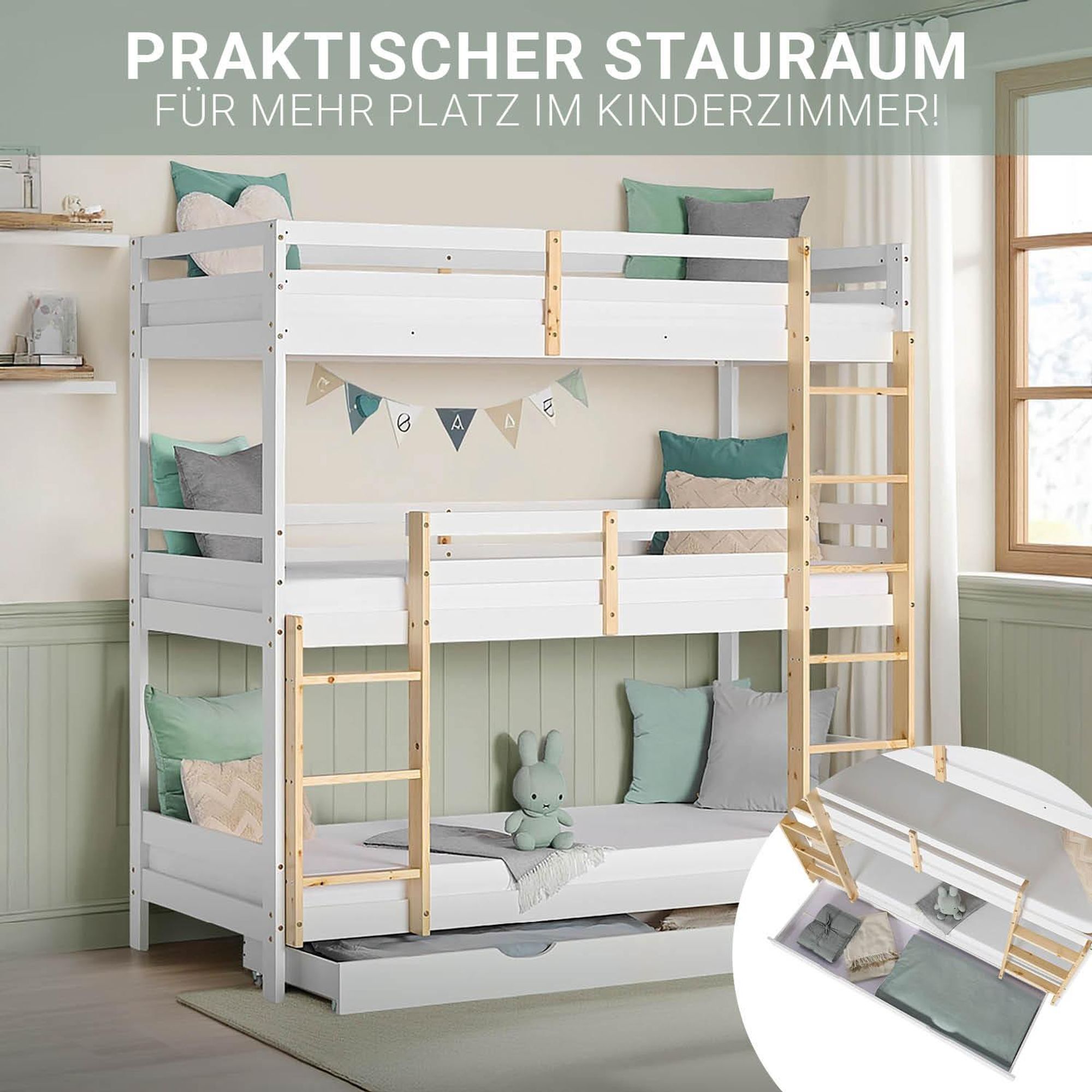 Das Bild zeigt ein Hochbett mit 3 praktischen Liegeflächen. Unter dem Bett gibt es einen Bettkasten.