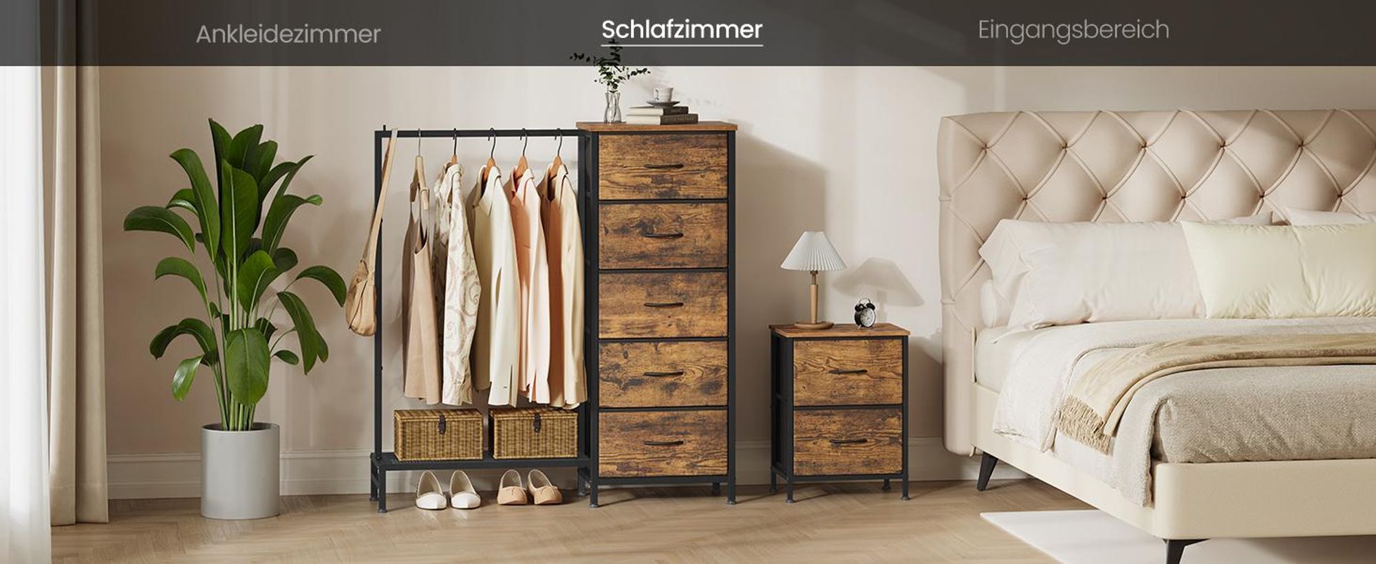 SONGMICS 3-in-1 Garderobenständer mit 5 Schubladen und Kleiderstange, 96,2 x 30 x 117,7 cm, Tan
