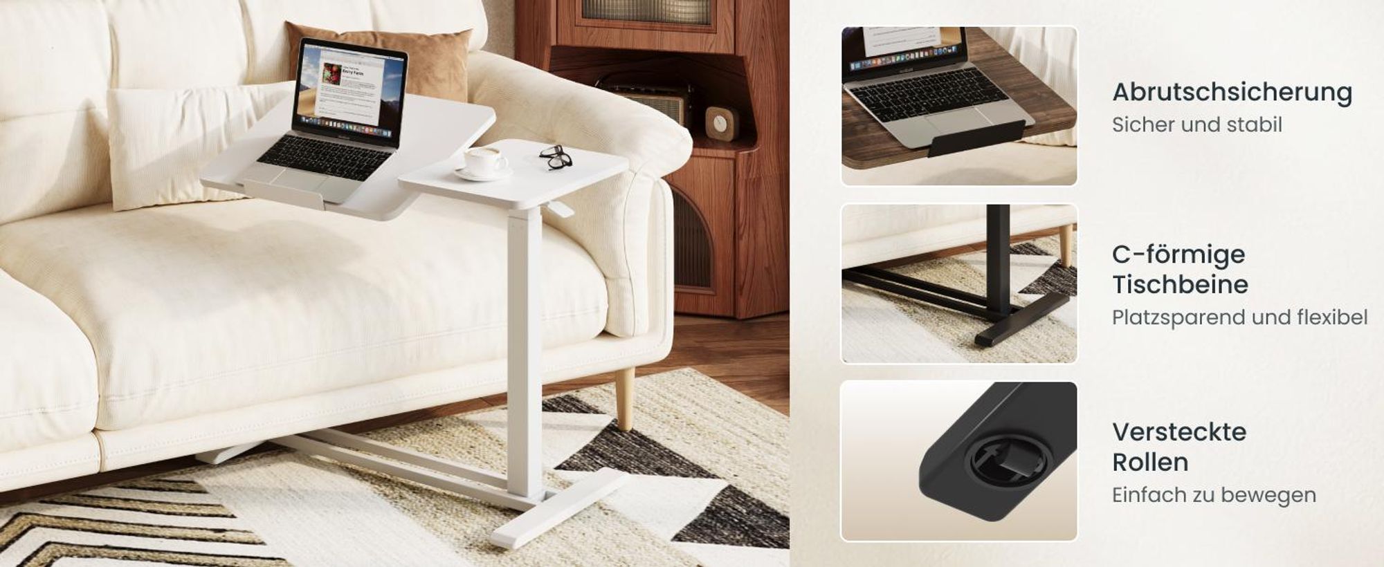 FLEXISPOT Beistelltisch Höhenverstellbar 80x40cm Laptoptisch mit Neigbarer Desktop, Betttisch mit Rollen, für Wohnzimmer und Schlafzimmer, Braun