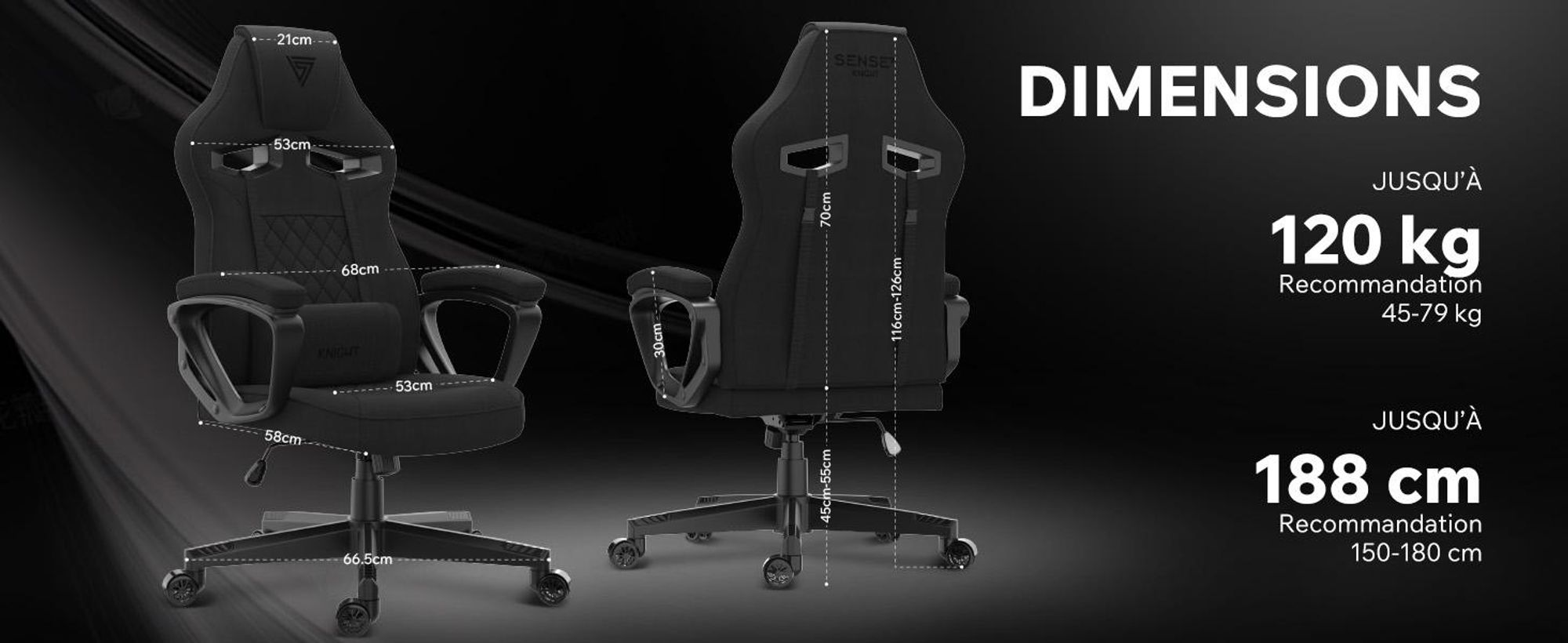 Chaise gaming SENSE7 Knight en tissu noir - Chaise de bureau ergonomique Chaise de bureau Chaise gaming pivotante Chaise pour joueur PC 120 kg