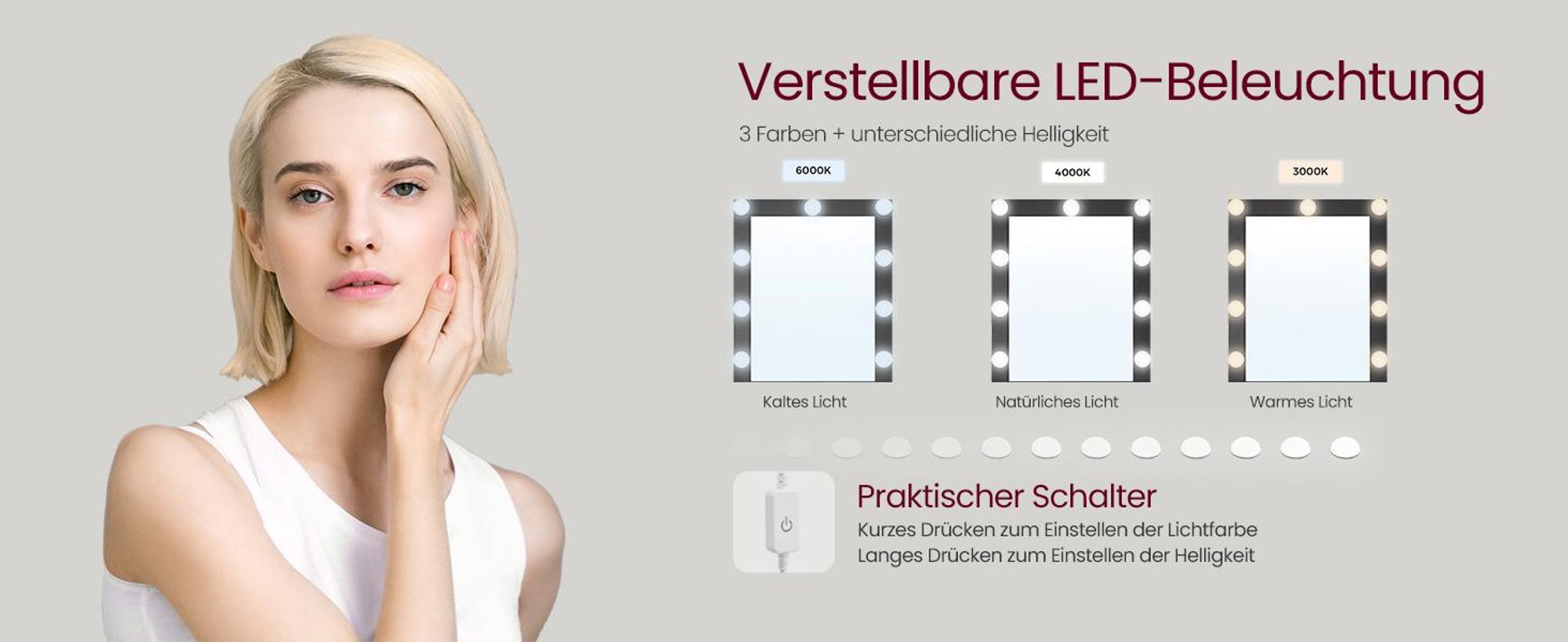 VASAGLE Schminktisch mit LED-Beleuchtung, einstellbare Helligkeit, schwarz