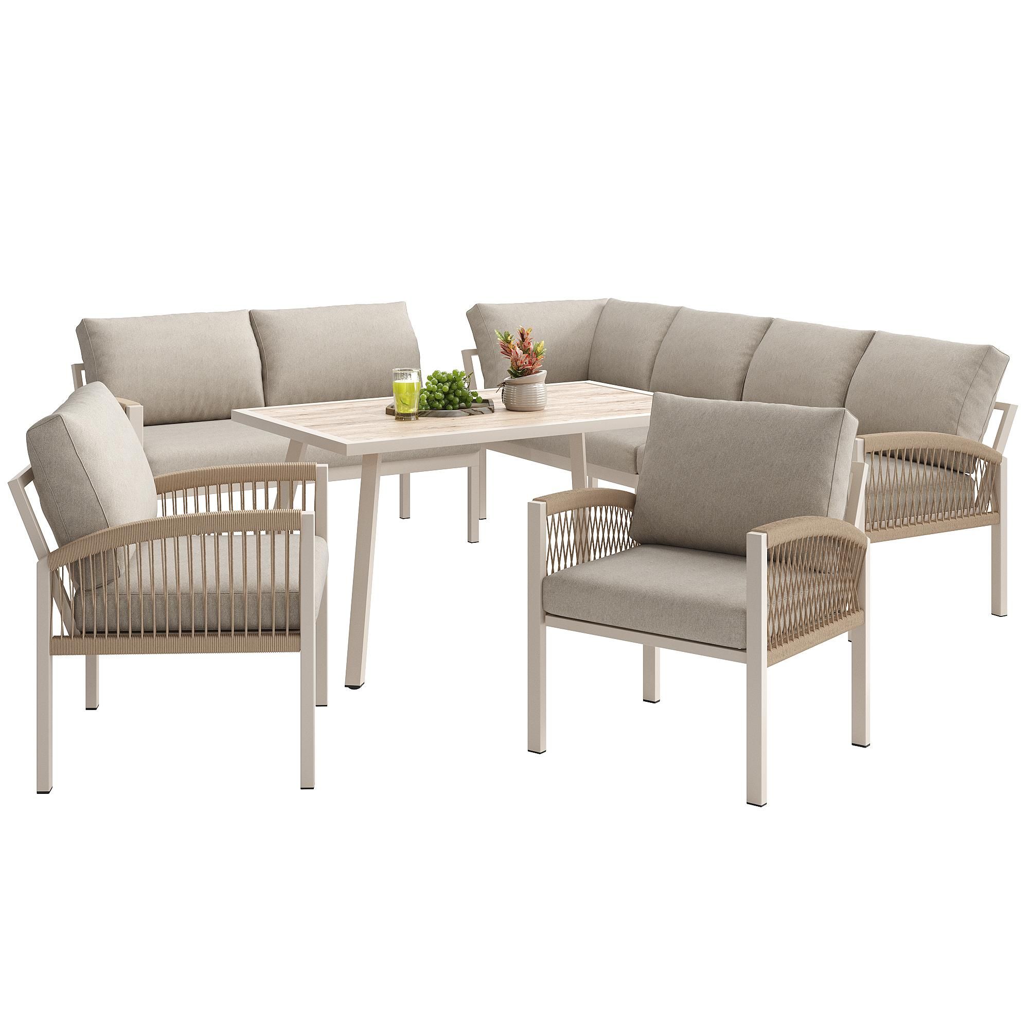 Flieks Gartenmöbel-Set 6-tlg., Gartenlounge-Set mit Gartentisch und Stuhl, Gartengarnitur für 8 Personen, Tisch mit Holzoptik-Glasplatte, Beige
