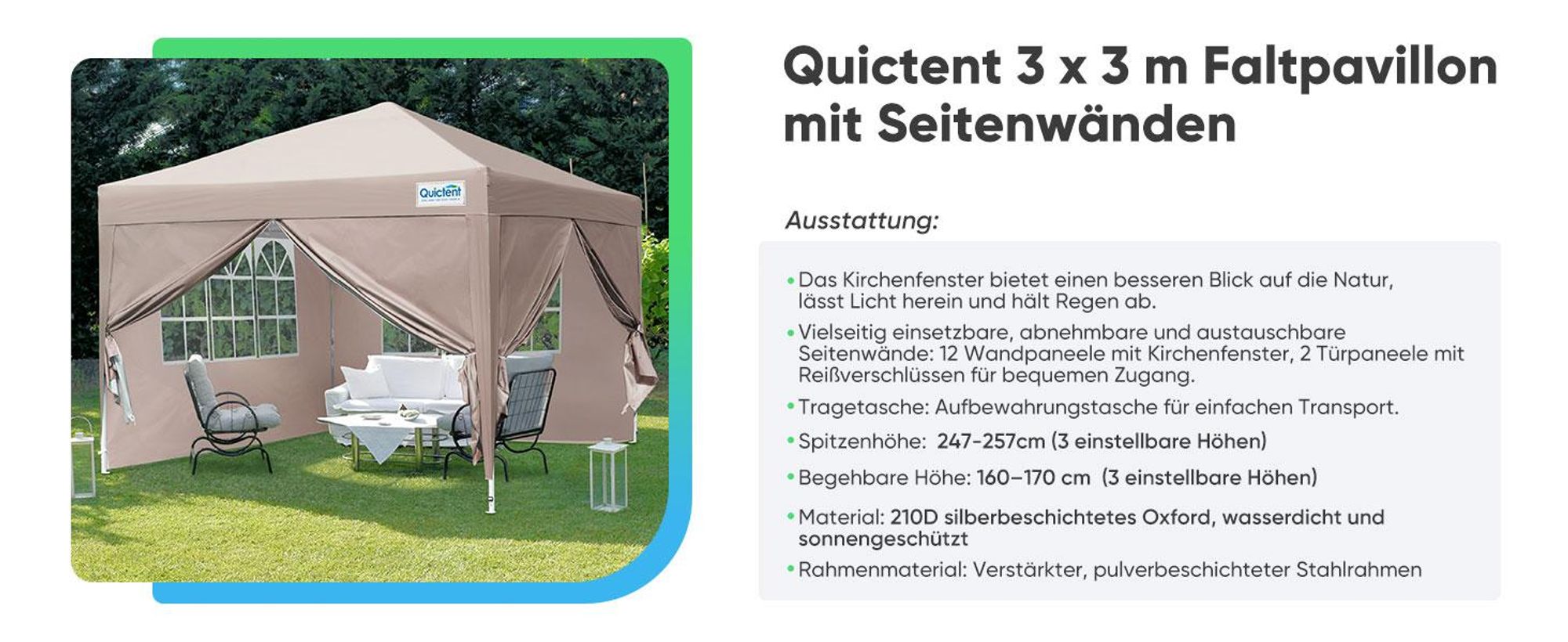 Quictent Pavillon 3x3 Faltpavillon mit 4 Seitenteilen, Wasserdicht Gartenpavillon mit Rolltasche,Partyzelt Gartenzelt, Beige