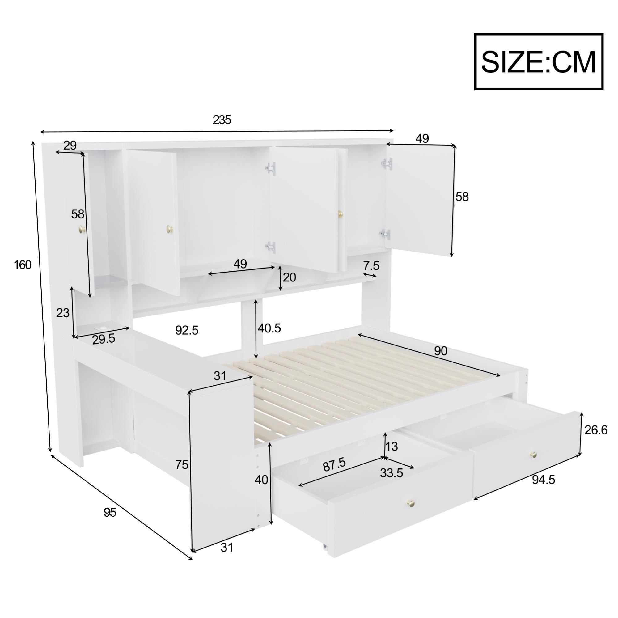 Flieks Jugendbett 90x200cm mit Schreibtisch, Einzelbett mit Schränken und Ablagefächern, Holzbett mit Schubladen, LED-Beleuchtung und Steckdosen, Weiß
