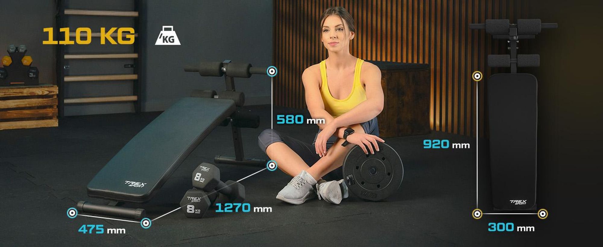 TREX SPORT Sit Up Bank Hantelbank klappbar TX-050B | Trainingsbank Schrägbank mit Beinstrecker, Griffen | Bauchtrainer & Rückentrainer für zuhause